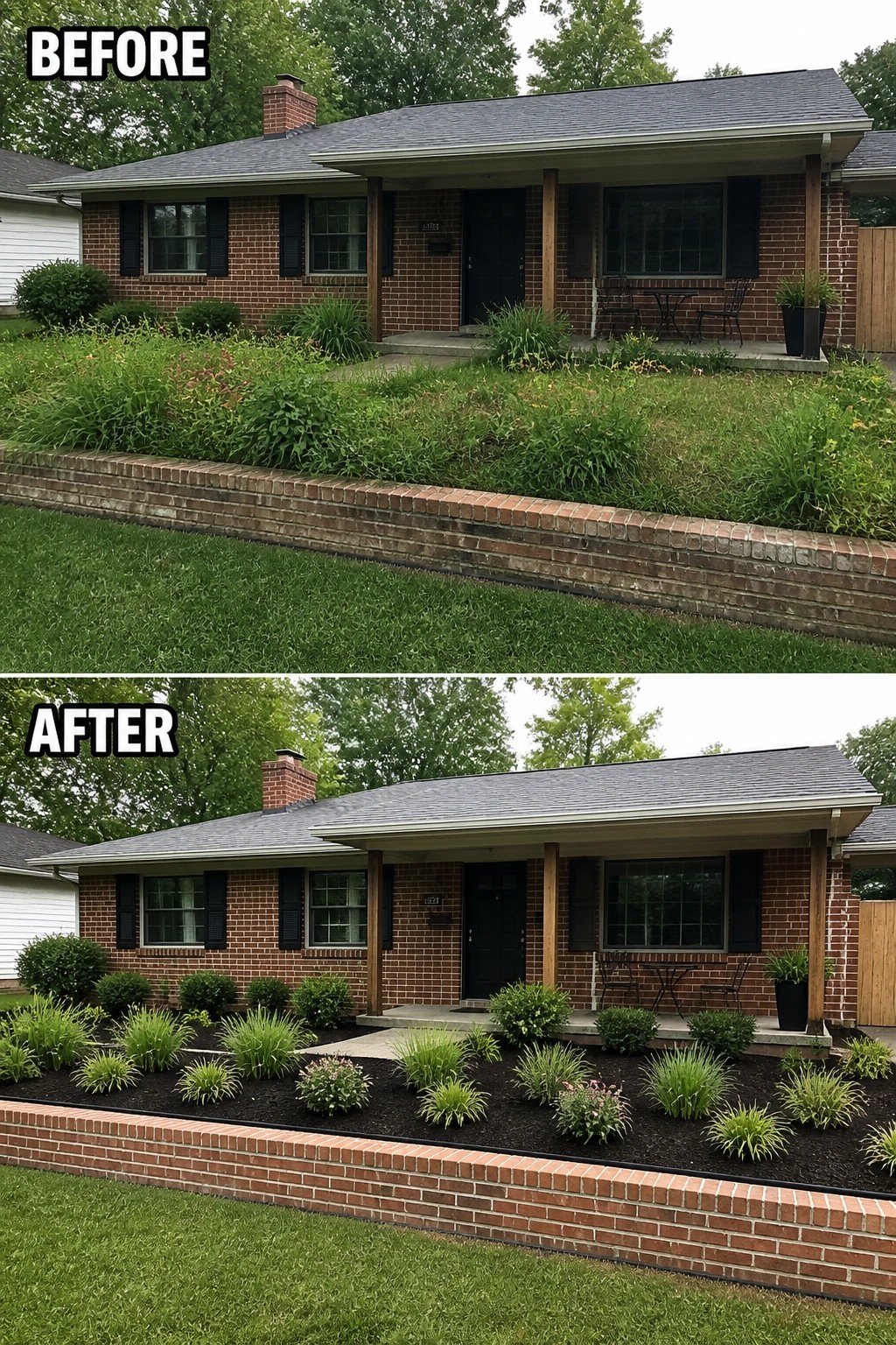 Before-and-after image of a front yard where overgrown plantings were cleared and replaced with a tidy, mulched garden bed with evenly spaced shrubs and ornamental grasses.
