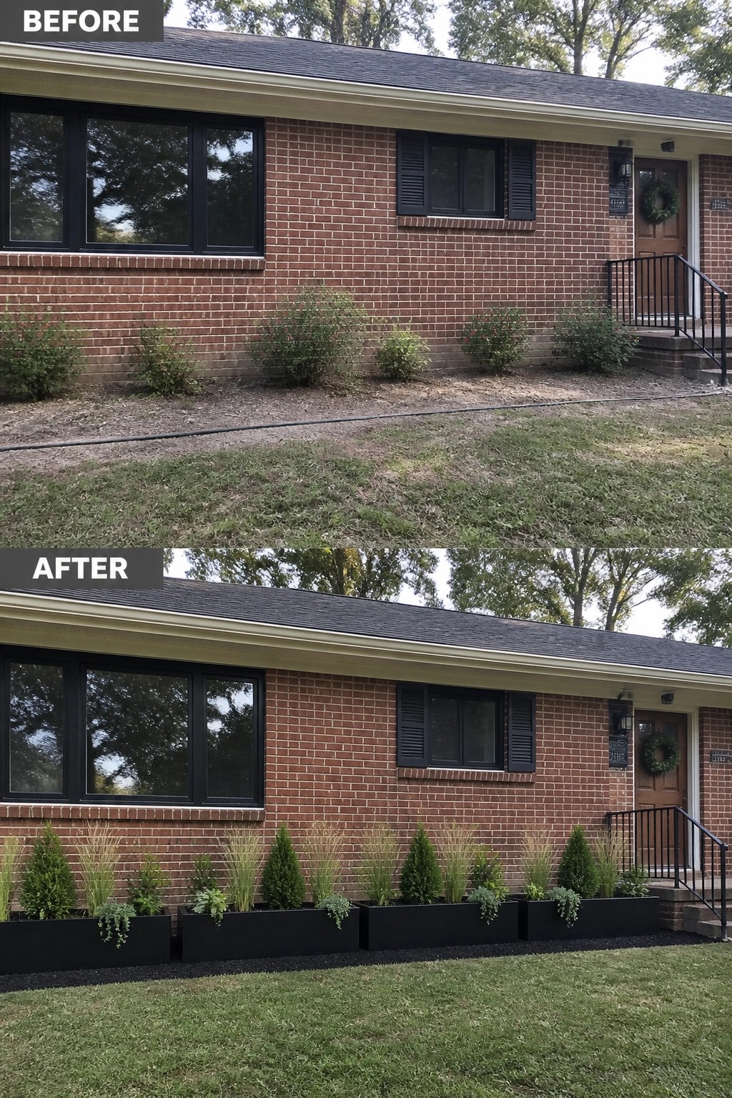 Before-and-after image of a brick ranch front where sparse shrubs and bare soil are replaced by a continuous row of low black planters filled with ornamental grasses and small evergreen shrubs.