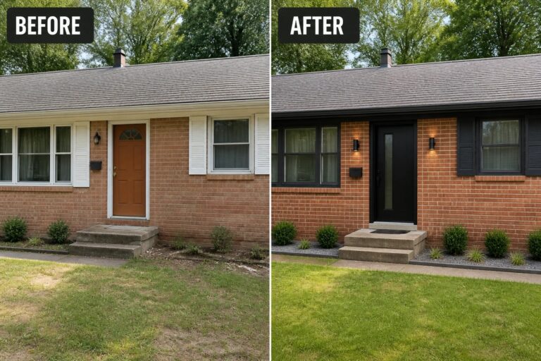 13 Modern Brick Ranch Updates That Balance Dark Details and Original Masonry Before-and-after image of a brick ranch front showing a dated wood door and white trim updated to a black modern door, dark trim, new wall lights, and simplified