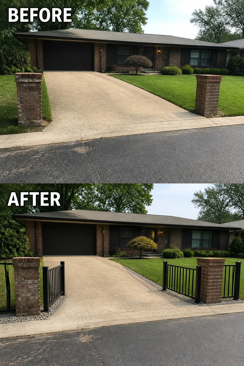 Before-and-after image of a brick ranch driveway where bare brick pillars are updated with low black metal railings and a narrow gravel edge.