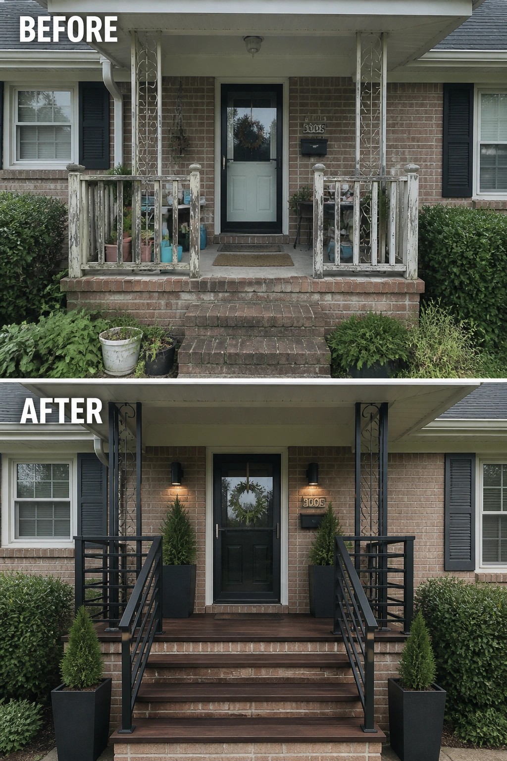 Before-and-after image of a front porch updated by replacing peeling wooden railings with black metal railings and adding tall planters and wall lights.