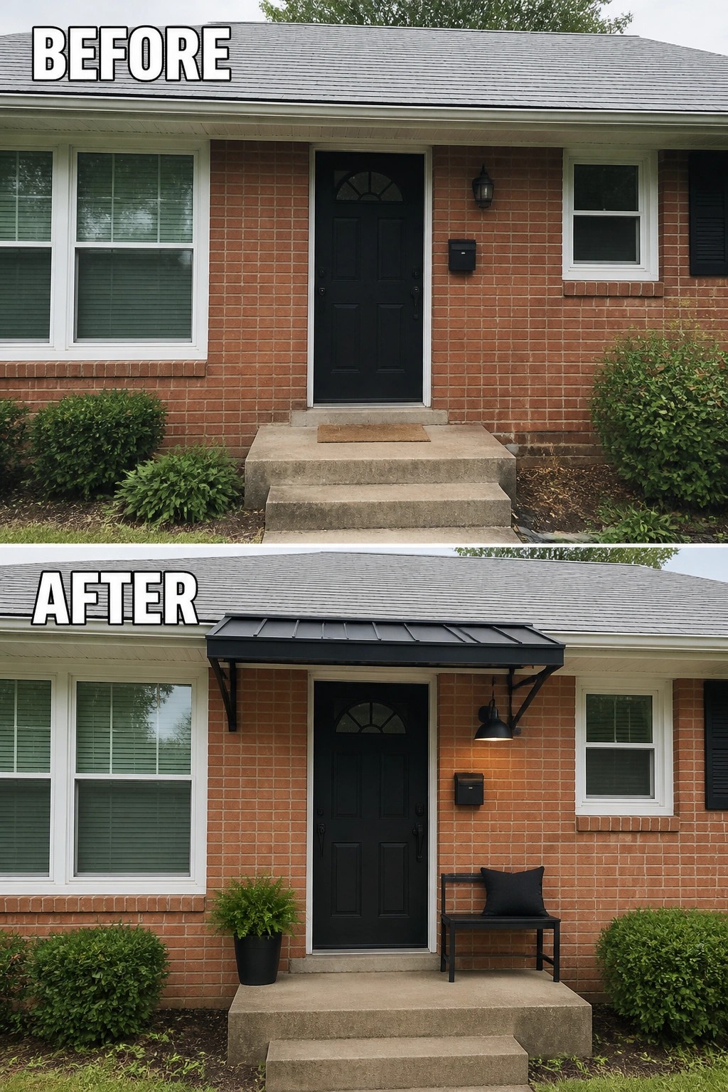 Before-and-after image of a small brick front porch updated with a metal awning, wall light, bench, and planter.