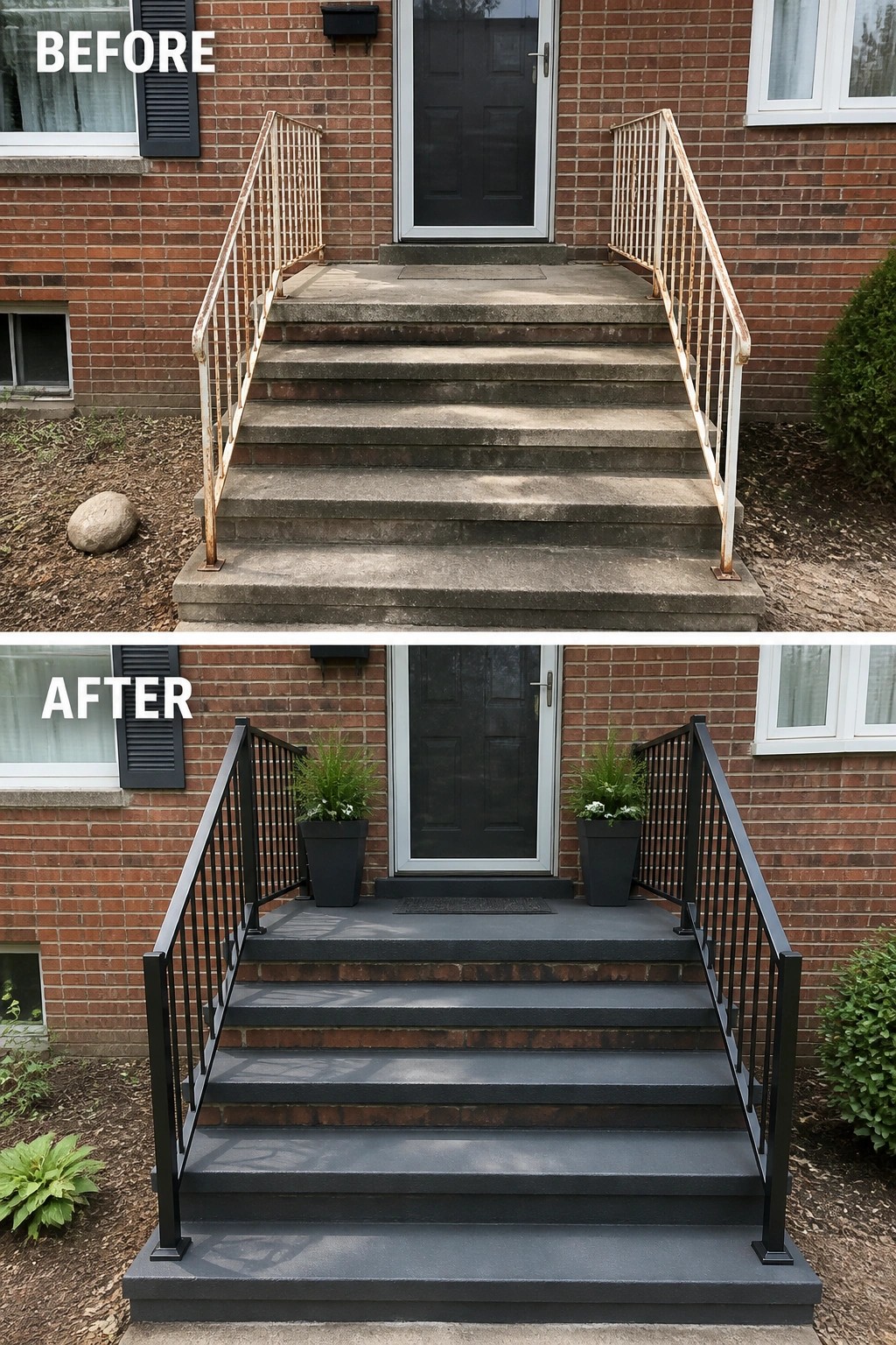 Before-and-after image of a front porch where stained concrete steps and rusty railings were refreshed with dark paint and matching planters.