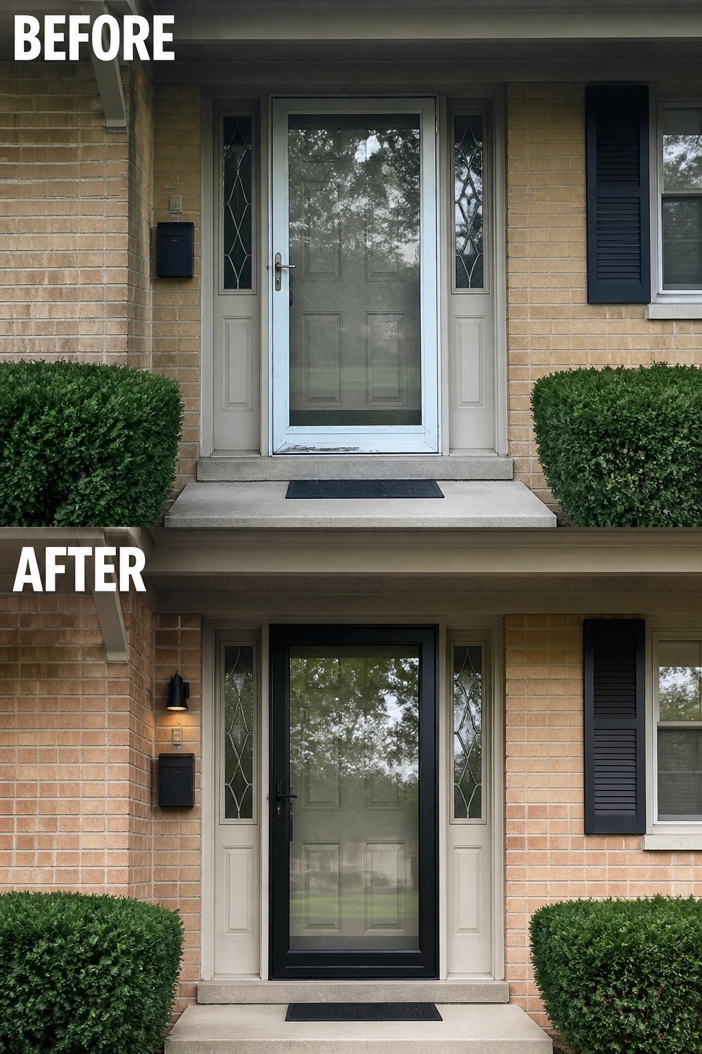Before-and-after image of a brick front porch updated by replacing a white storm door with a dark-framed door and adding a new exterior light and mailbox.