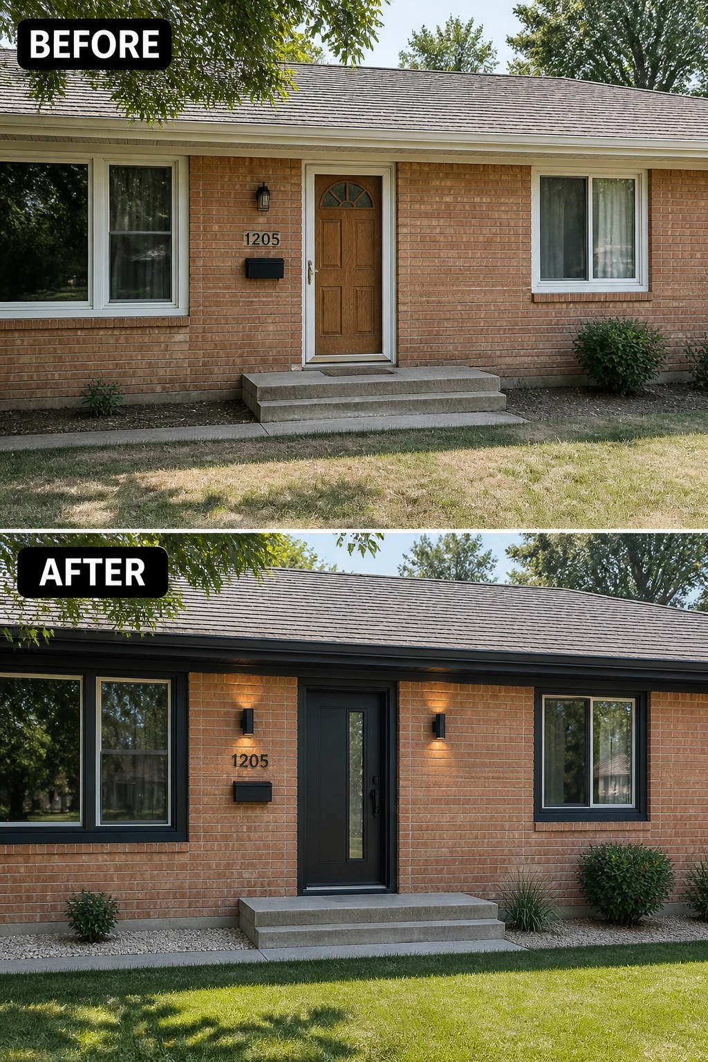 Before-and-after image of a brick ranch front showing a dated wood door and white trim updated to a black modern door, dark trim, new wall lights, and simplified