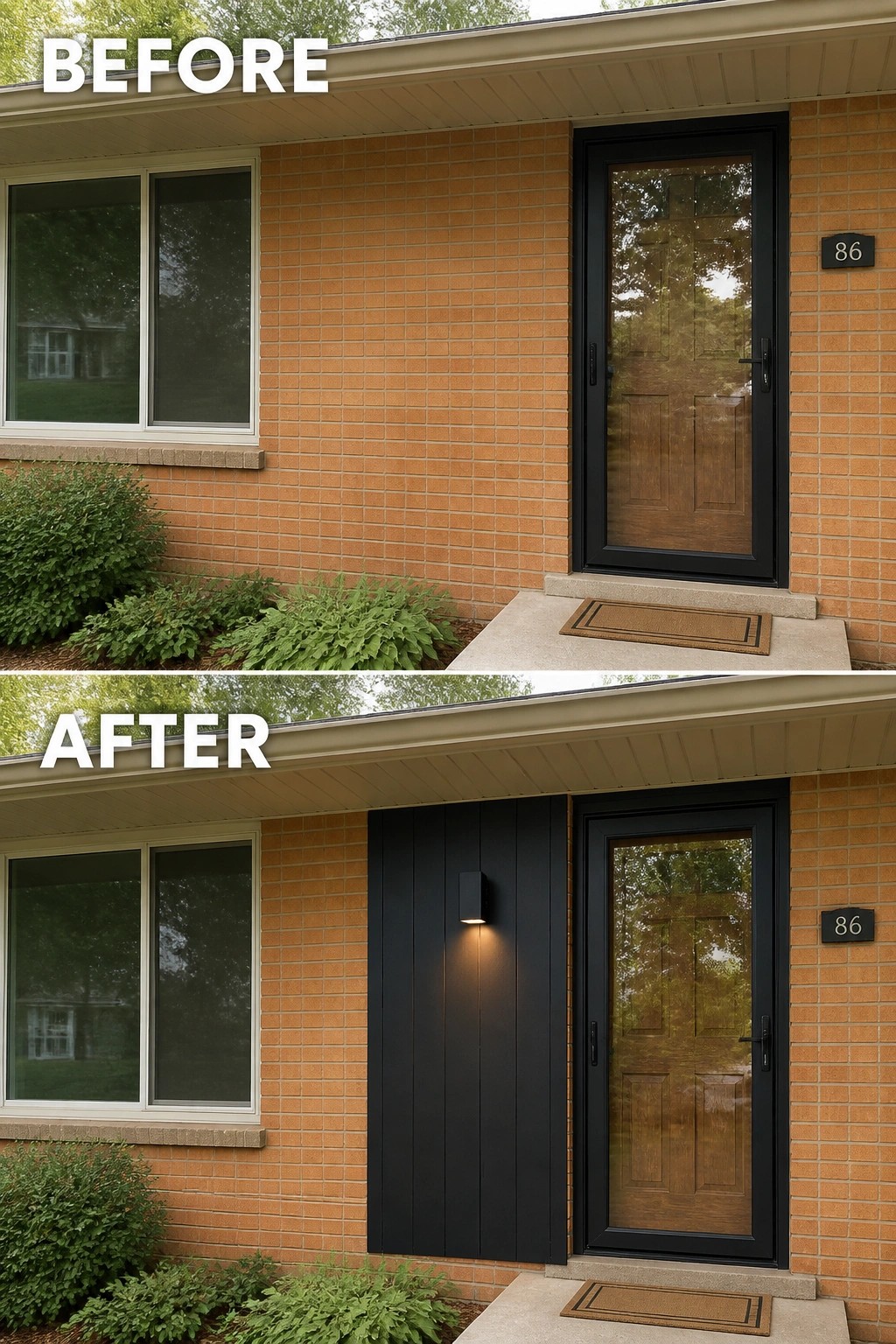 Before-and-after image of a brick ranch entry where a narrow dark vertical accent panel and a modern wall light are added beside the front door.