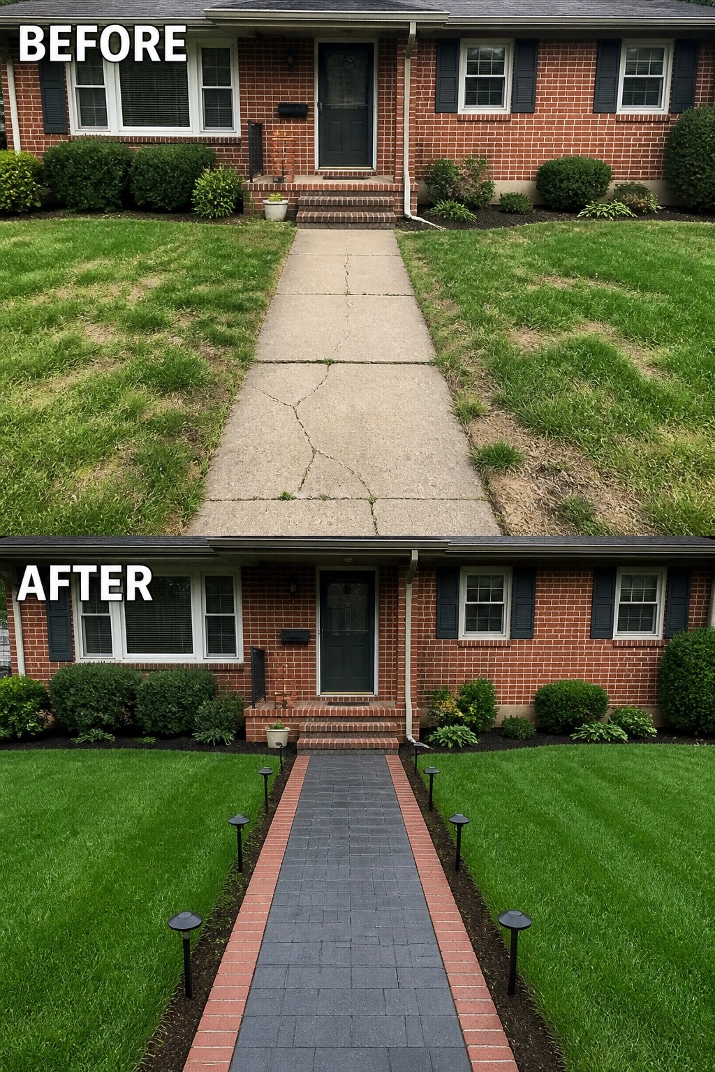Before-and-after image of a front walkway where a cracked concrete path is replaced by dark pavers with a brick border, low path lights, and a refreshed lawn.