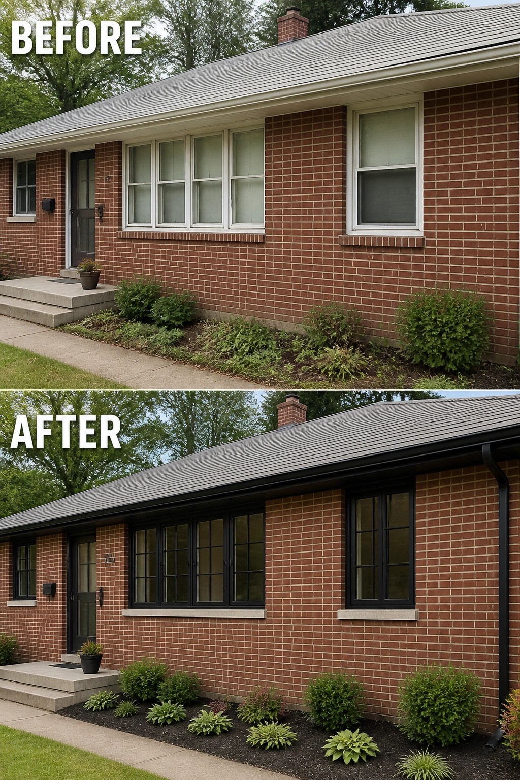 Before-and-after image of a brick ranch showing the house updated with black window frames, dark trim and cleaner planted beds with fresh mulch.