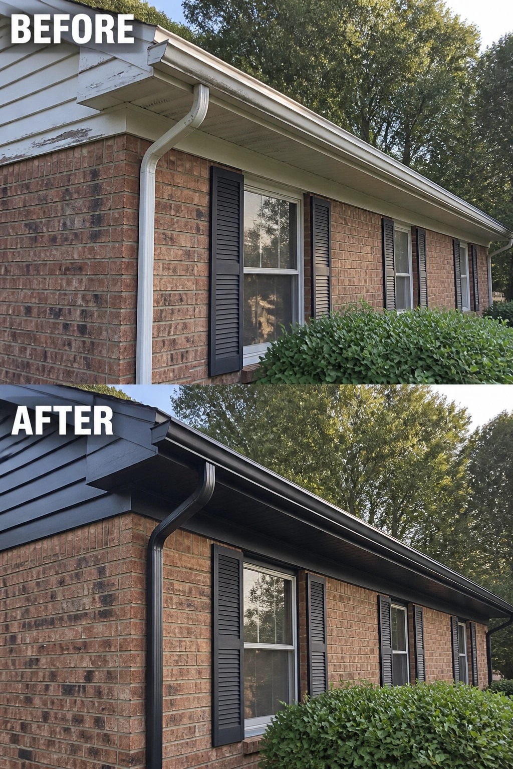 Before-and-after image of a brick ranch where pale white gutters, soffit, and trim were changed to dark charcoal and the shutters were darkened to modernize the exterior.
