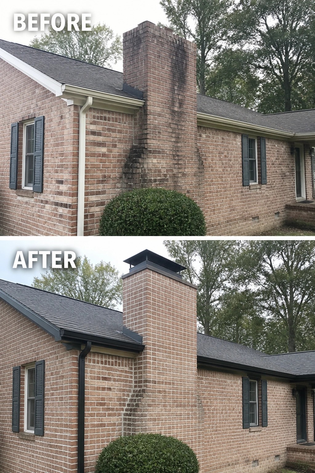 Before-and-after image of a brick ranch exterior updated by cleaning chimney staining and adding black gutters, downspouts, and a chimney cap.