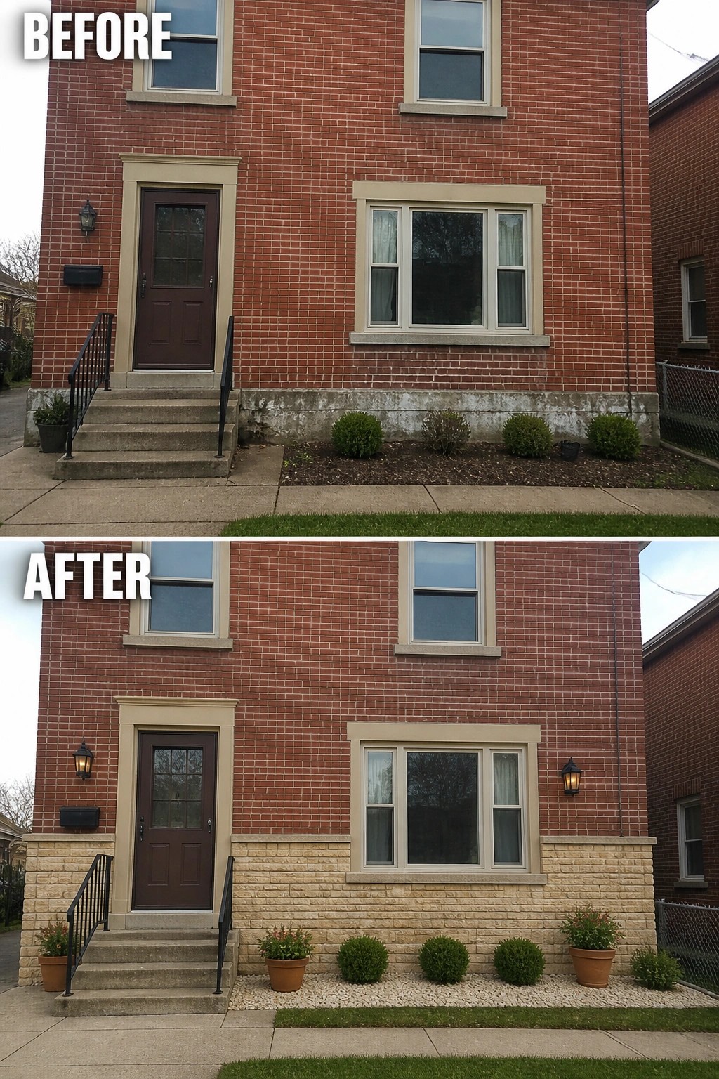 Before-and-after image of a brick house where the lower foundation was covered with a light stone base and the planting was simplified to shrubs, pots, and a gravel bed.