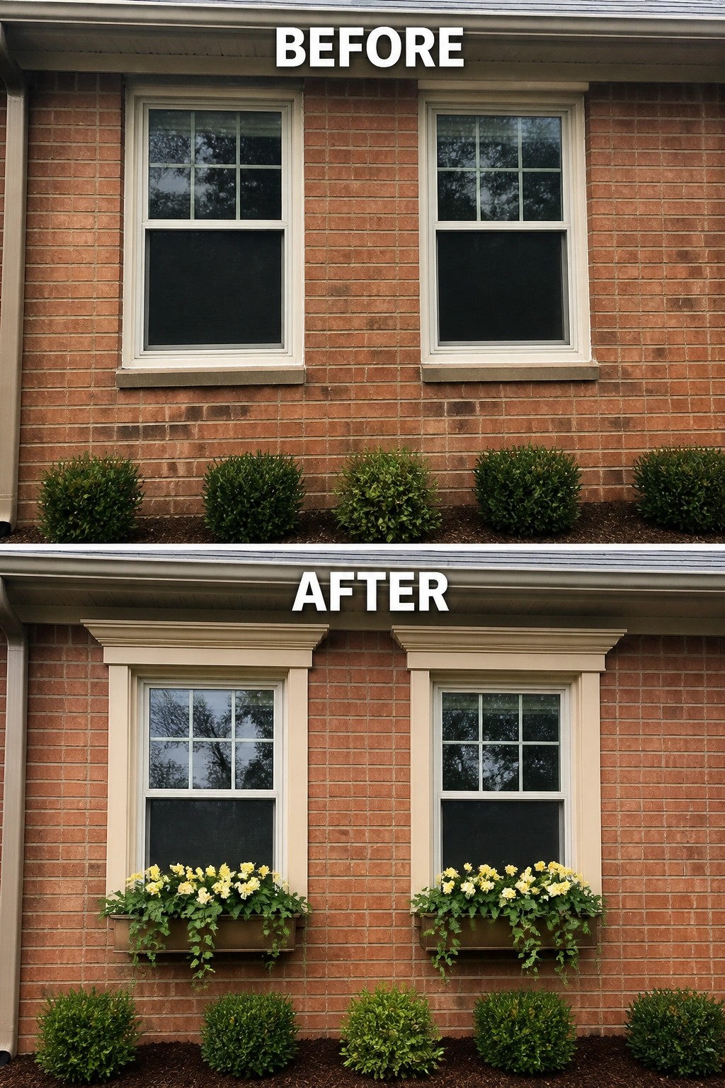 Before-and-after image of a brick house facade where plain windows were updated with decorative trim and window boxes filled with yellow flowers.