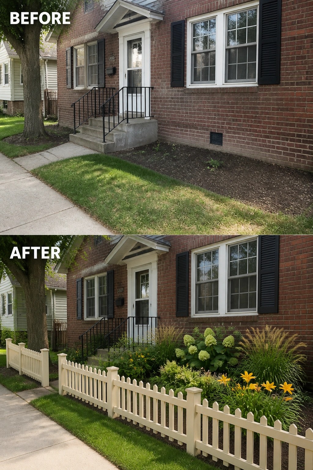 Before-and-after image of a bare brick house foundation bed turned into a planted perennial border with mulch and a low cream picket fence.