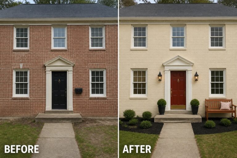 16 Timeless Brick Exterior Ideas in Warm Traditional Color Palettes Before and after showing red brick house; after painted cream, red door, black shutters, lanterns