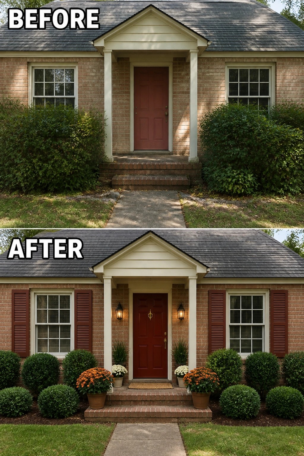 Before-and-after image of a plain brick front porch updated with painted shutters, new lanterns, potted plants, trimmed bushes, and a refreshed front door.