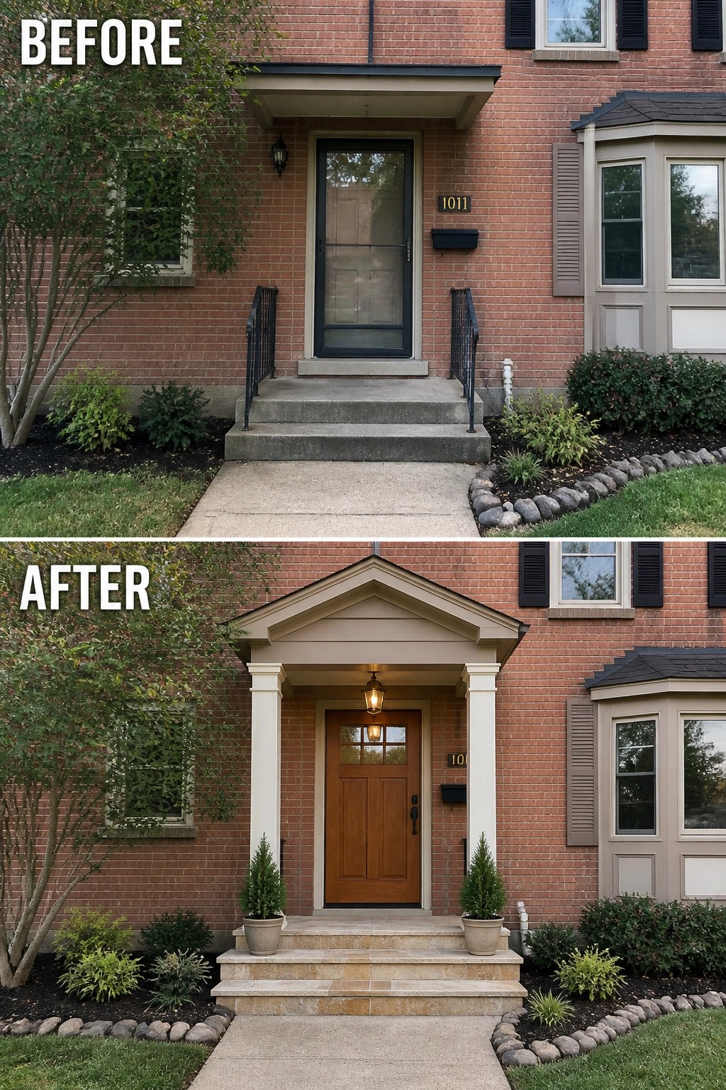 Before-and-after image of a plain brick front entry updated with a new wood door, a small gabled porch with columns, stone steps, lighting, and potted plants.