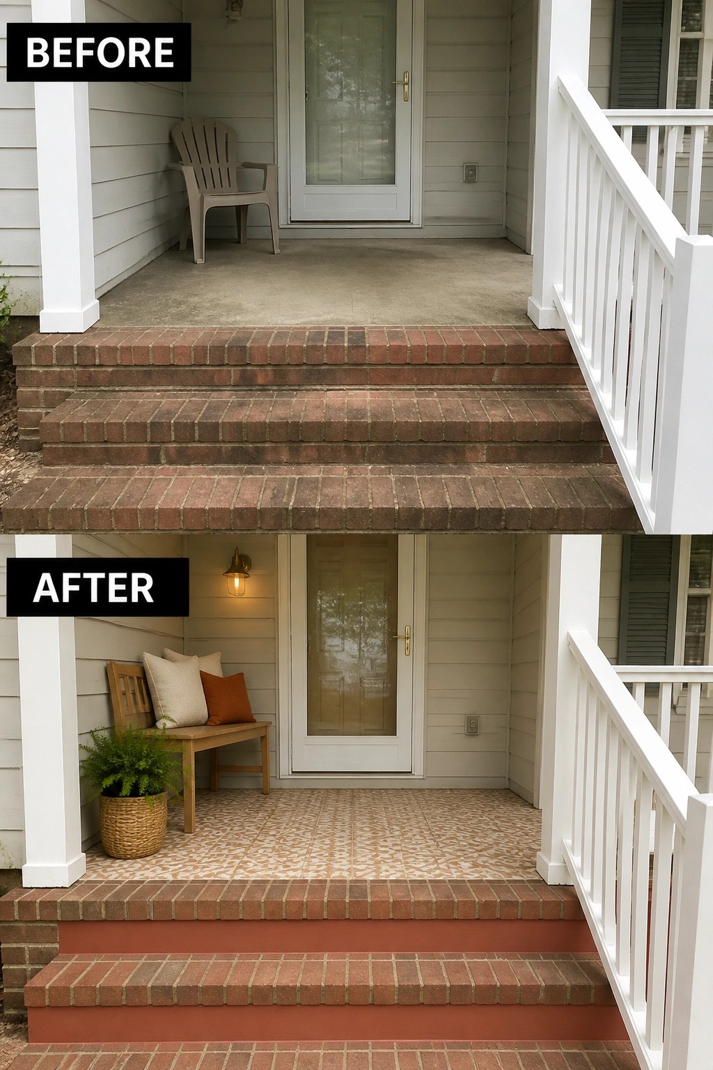 Before-and-after image of a bare front porch updated with patterned tile, a bench with cushions, a potted plant, new lighting, and painted stair risers.