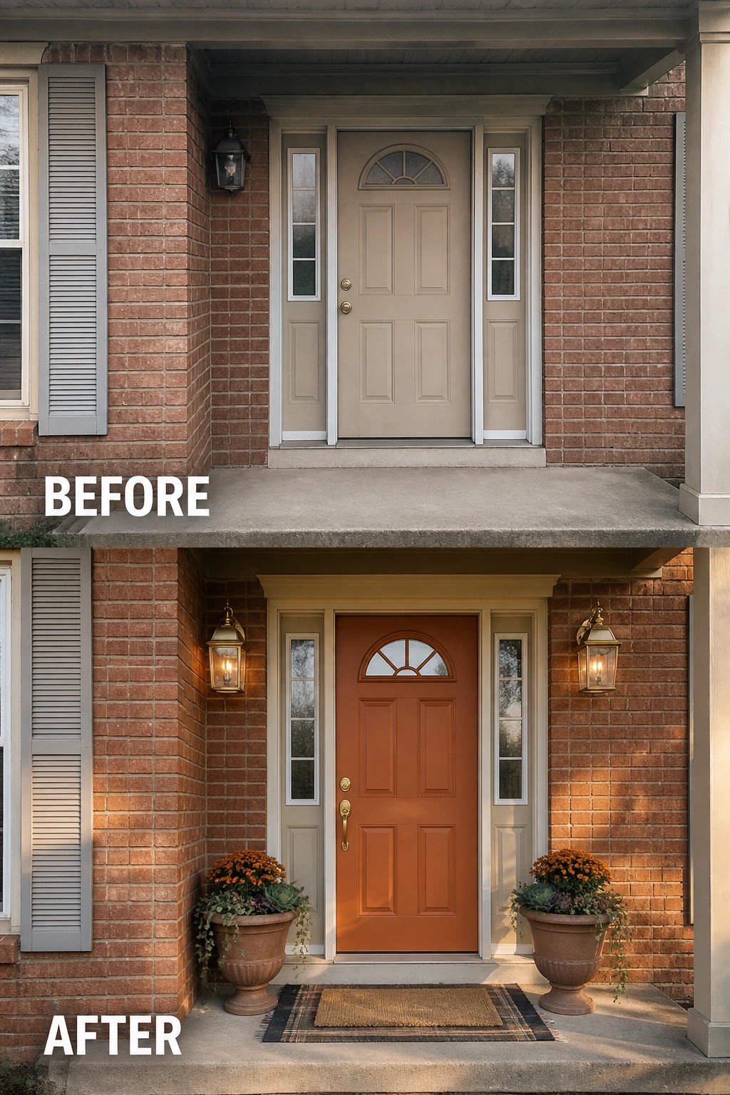 Before-and-after image of a plain front porch updated with a painted front door, matching lanterns, potted planters, and a doormat.