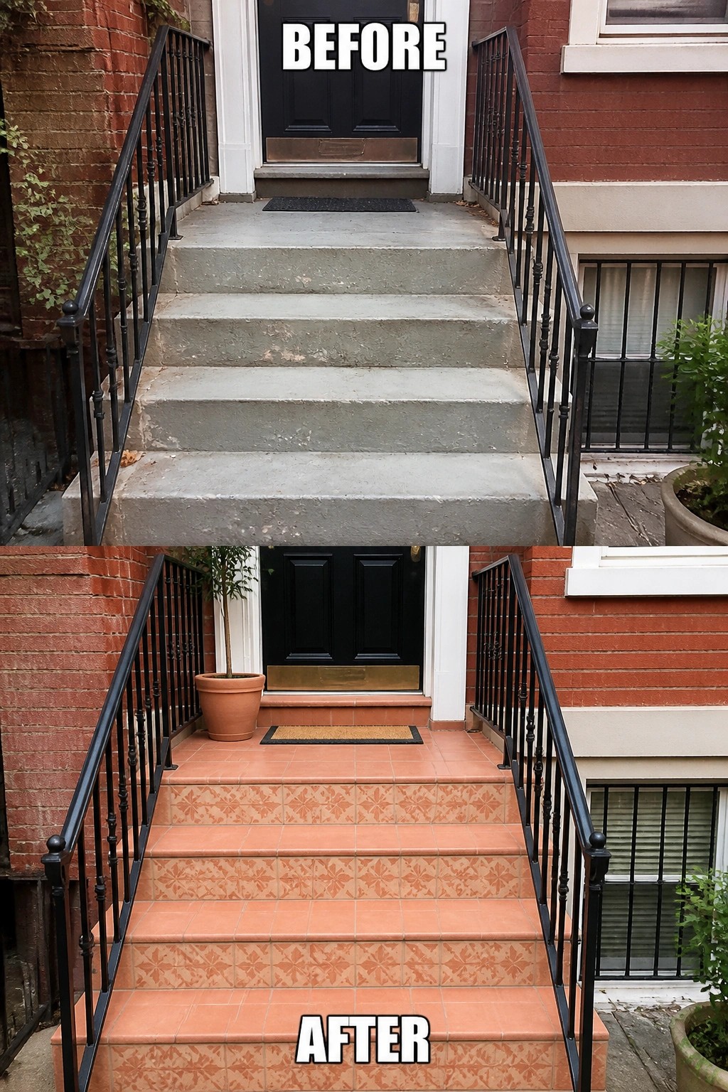 Before-and-after image of a plain concrete front stoop updated with terracotta patterned tiles, a doormat, and a potted plant.