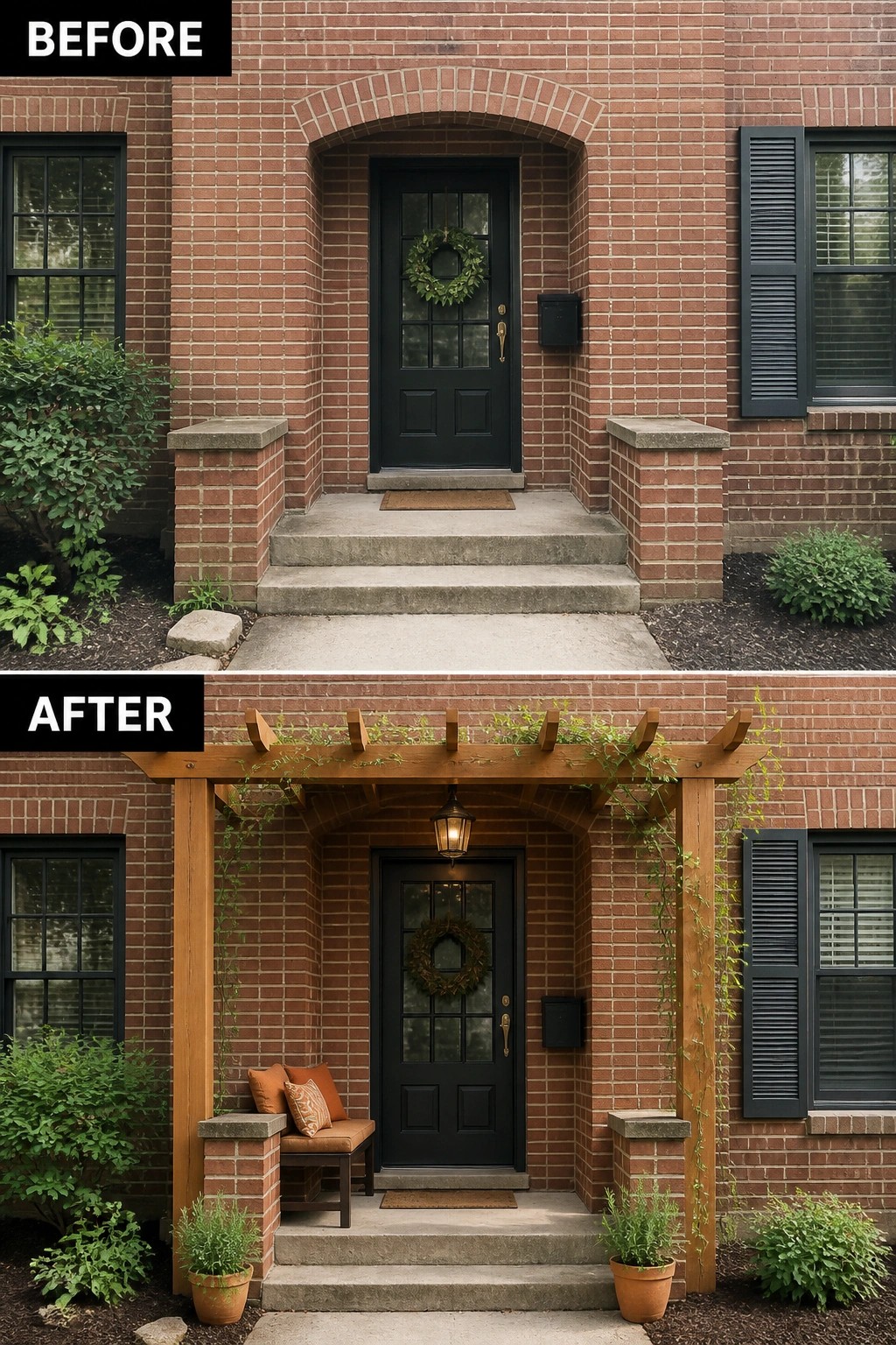 Before-and-after image of a bare front porch updated with a wooden pergola, a small bench with cushions, potted plants, and a hanging lantern.