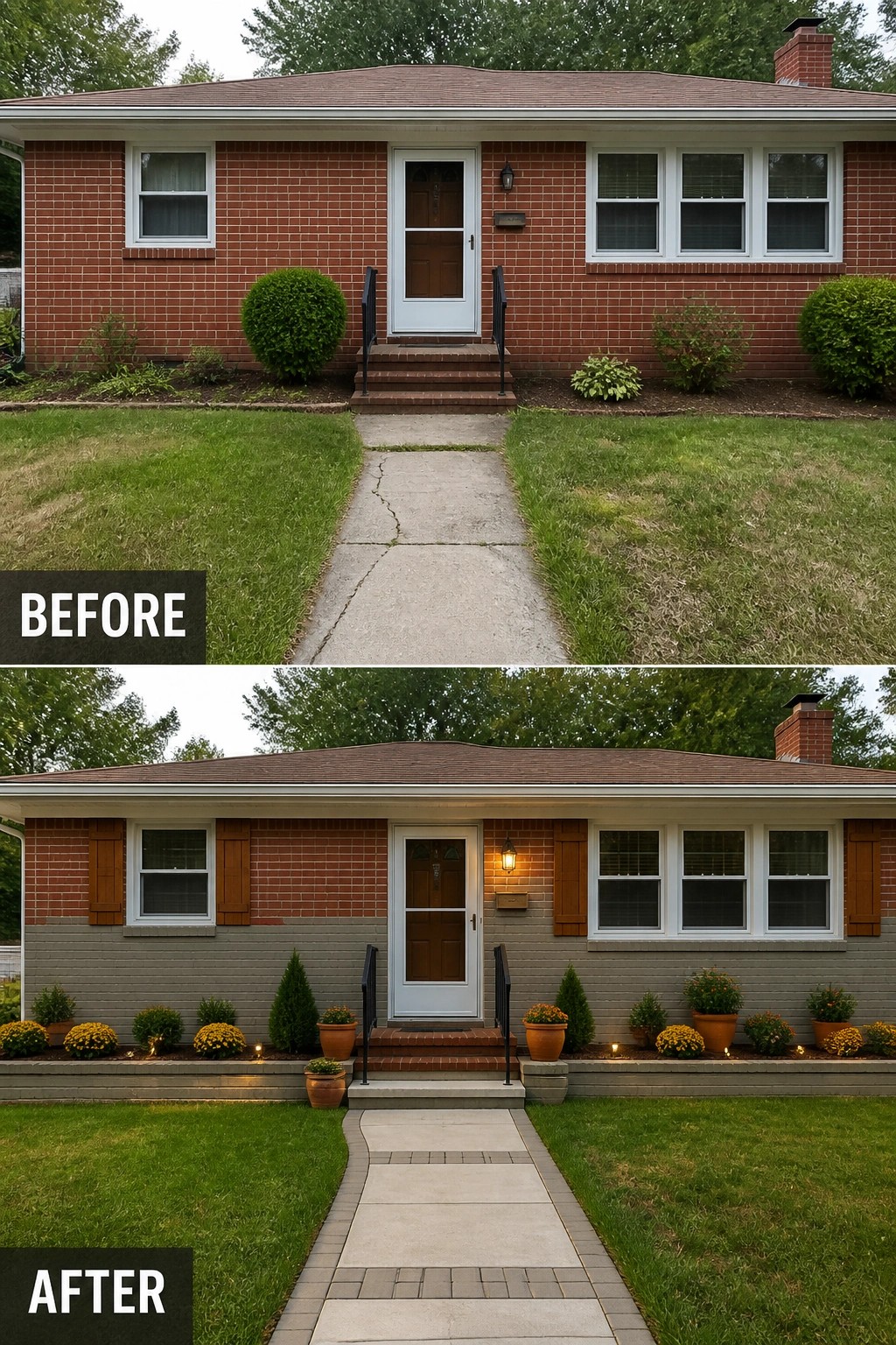 Before-and-after image of a plain brick front where a cracked concrete path and sparse plantings were updated with a new paver walkway, coordinated planters, shutters, and low-level lighting.