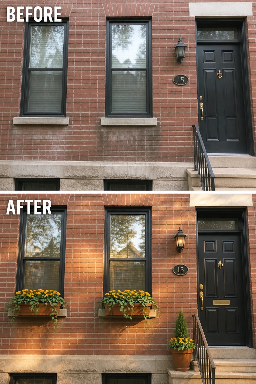 Before-and-after image of a brick house exterior updated with window flower boxes, a potted planter, and upgraded entry lighting and hardware.