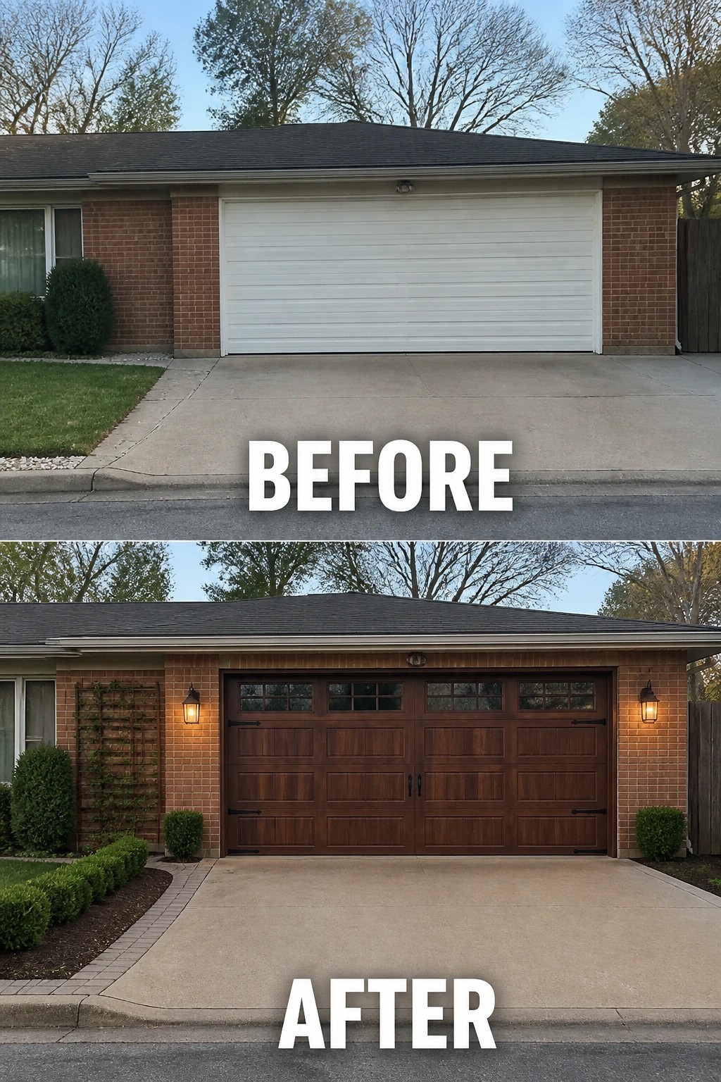Before-and-after image of a plain white garage door replaced with a wood-look carriage-style garage door with divided windows, wall lanterns, and modest landscaping.