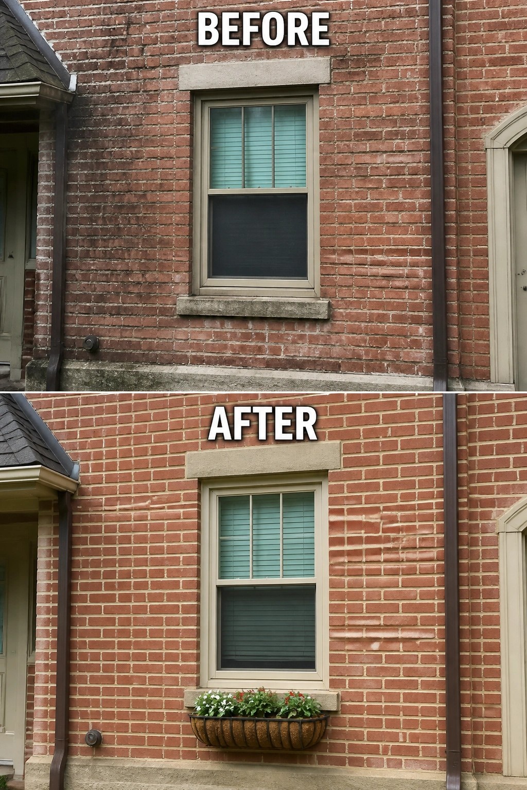 Before-and-after image of a brick house facade shown plain in the before photo and then cleaned and fitted with a window box planter under the window in the after photo.