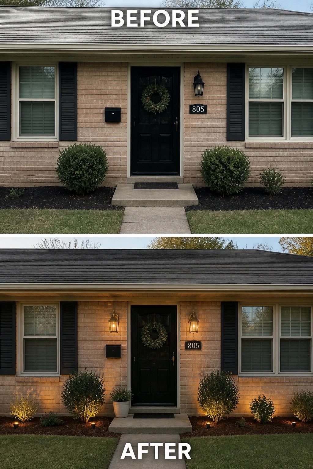 Before-and-after image of a brick front entry updated with wall lanterns, low garden uplighting, a potted plant, and fresh mulch.