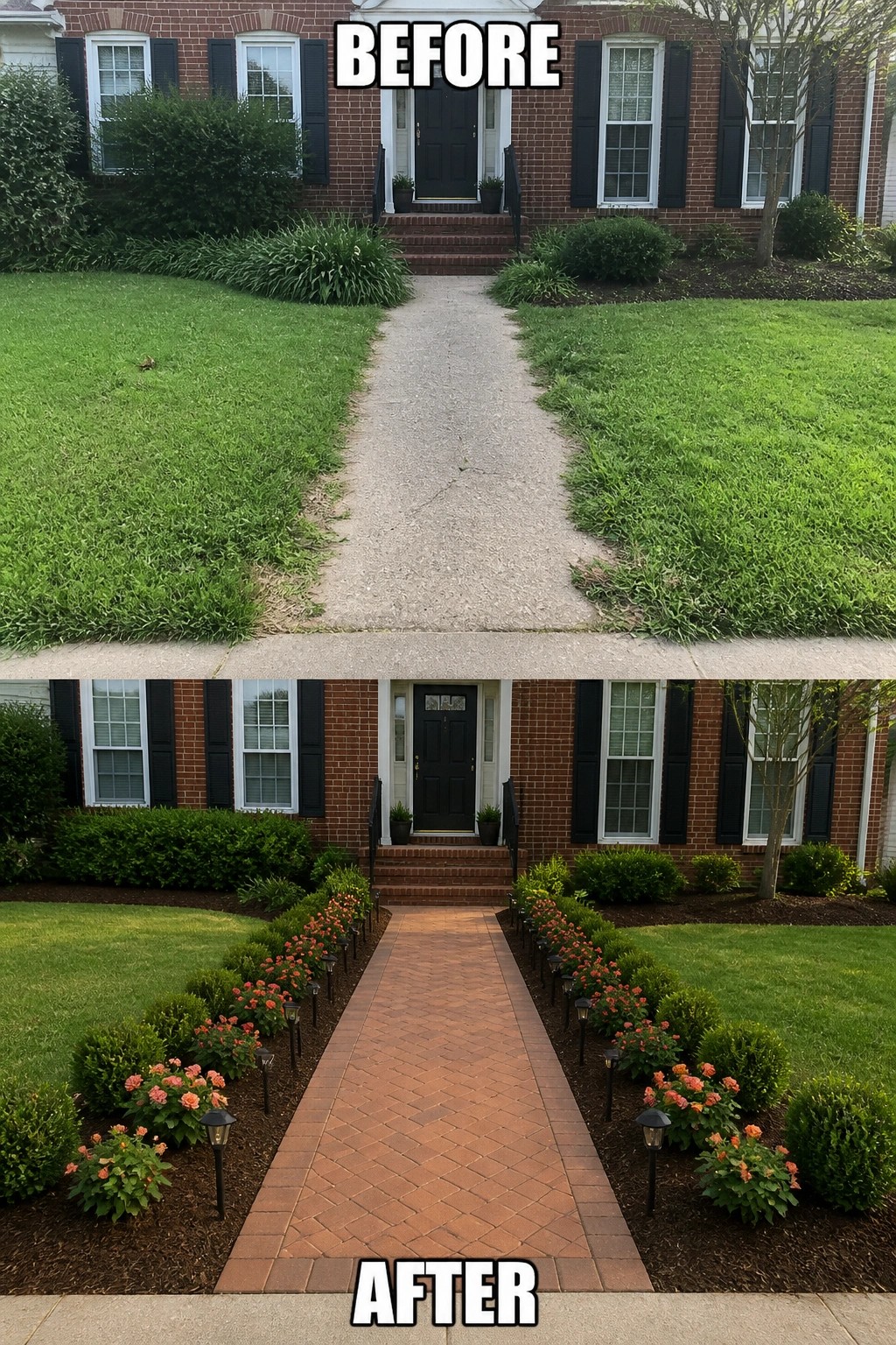 Before-and-after image of a plain concrete front walkway replaced with a brick paver path flanked by planted beds and path lighting.