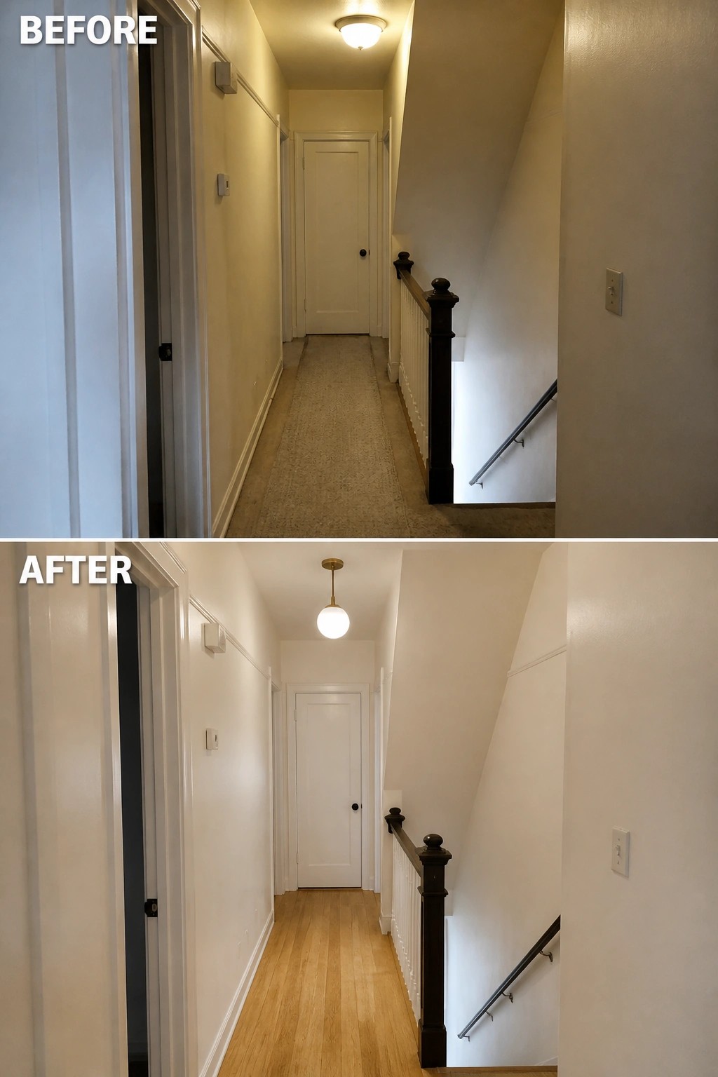 Before-and-after image of a narrow upstairs hallway changed