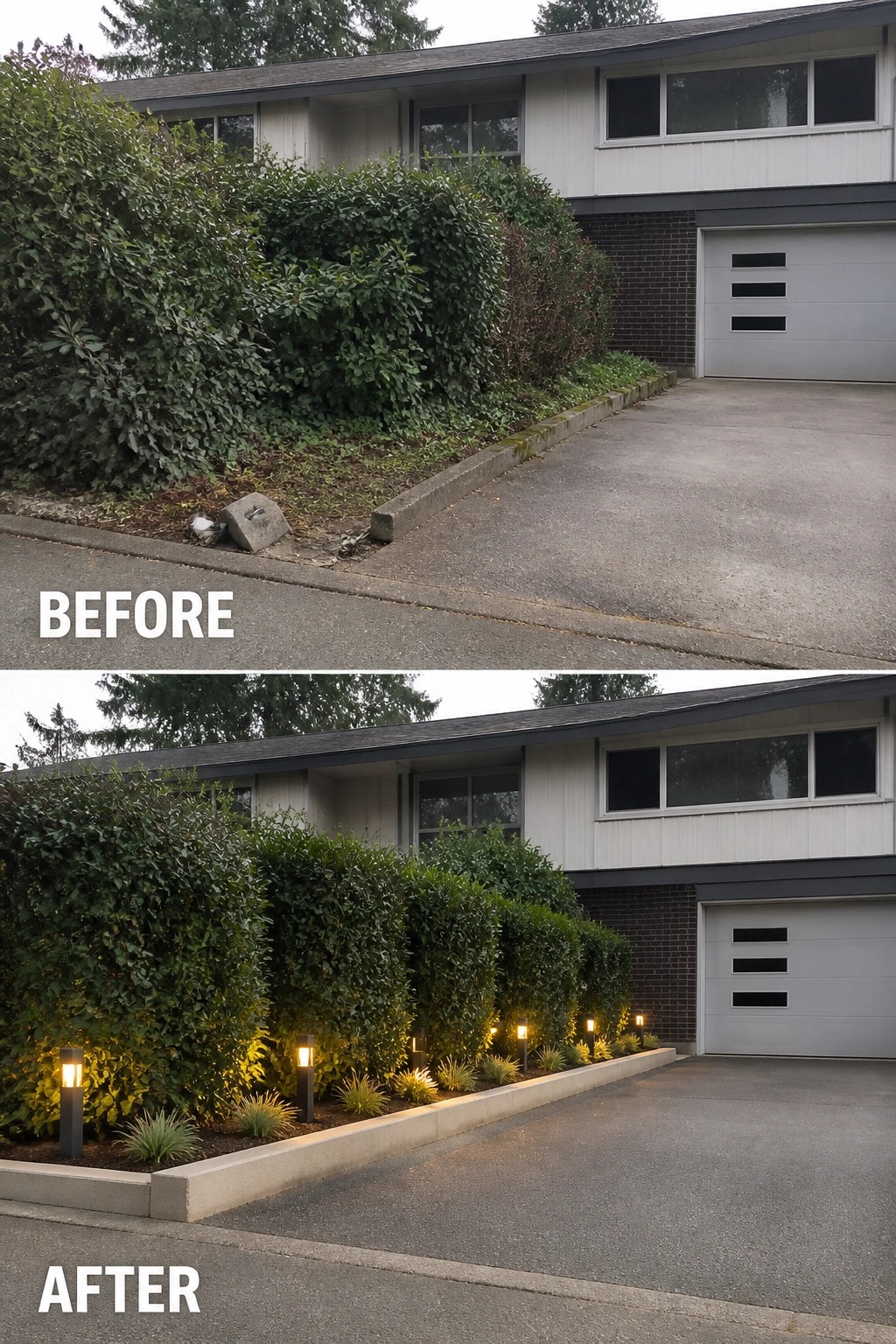 Before-and-after image showing an overgrown front planting strip replaced by a raised concrete planting bed with neatly trimmed hedges and low pathway lights.