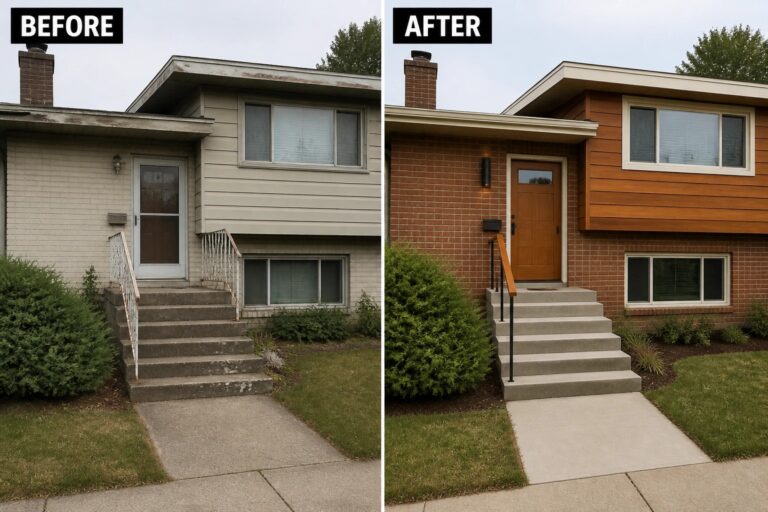 Before-and-after image of a split-level house updated from plain beige siding to a layered exterior with brick at the base, warm horizontal siding above, and a new wood-tone front door.