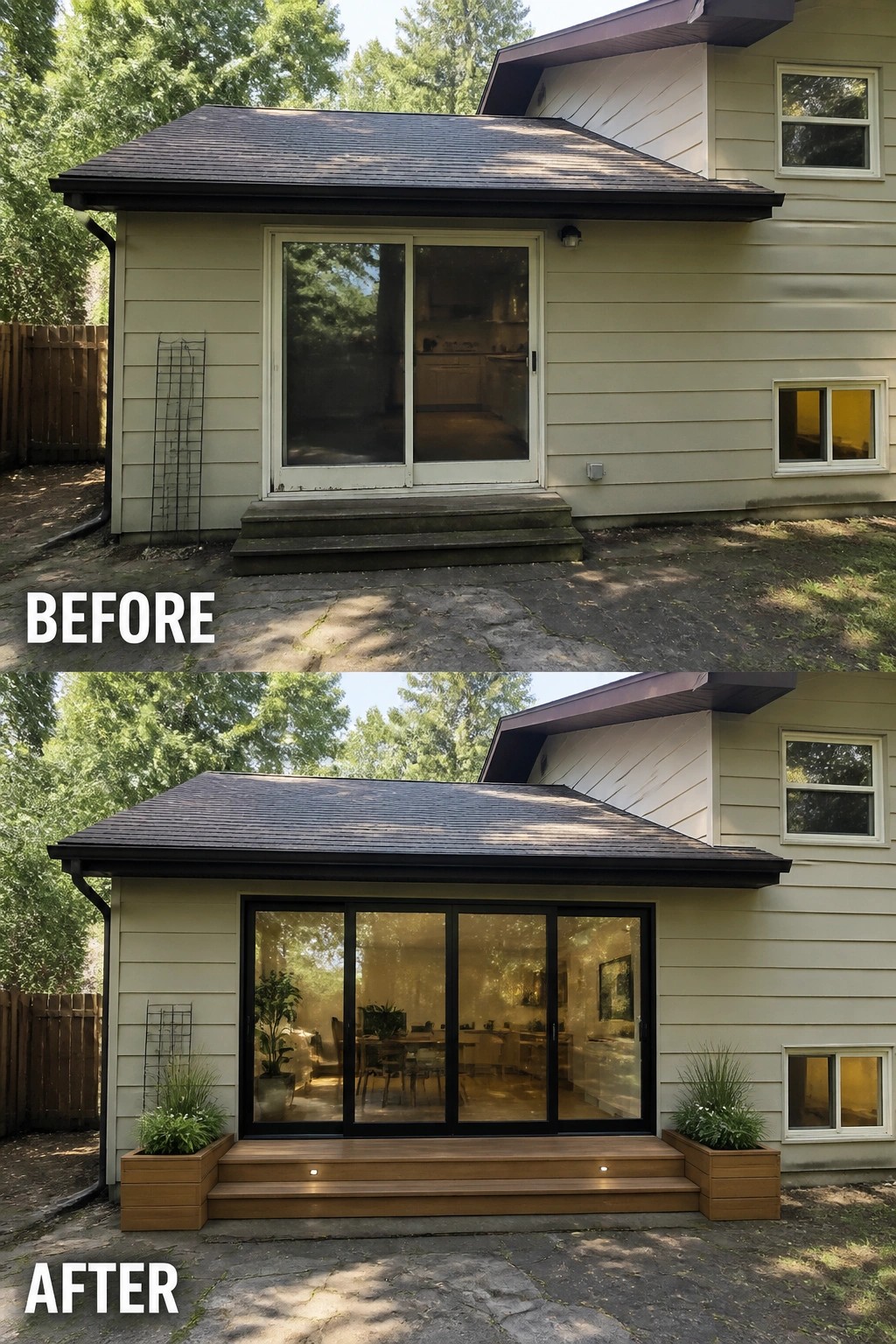 Before-and-after image of a back exterior where a plain sliding door and concrete pad are updated with black-framed glass doors, a small wooden stoop with built-in planters, and step lighting.
