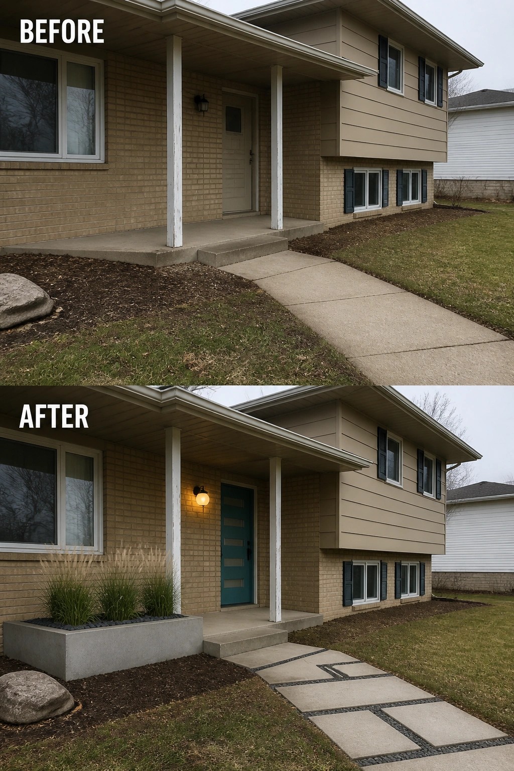 Before-and-after image of a plain front porch updated with a painted modern front door, a large concrete planter, and a defined walkway.