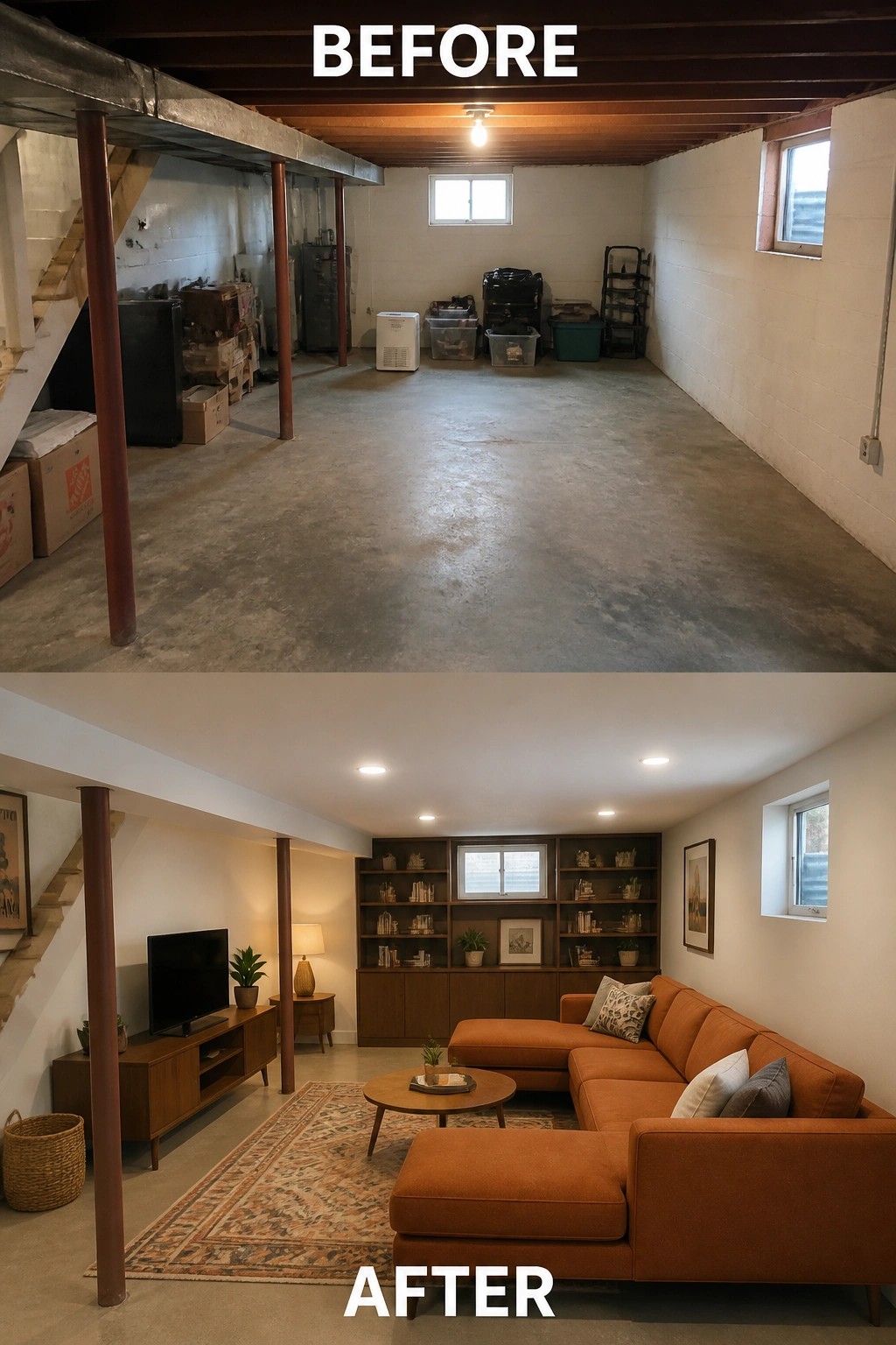 Before-and-after image of a bare concrete basement converted into a finished