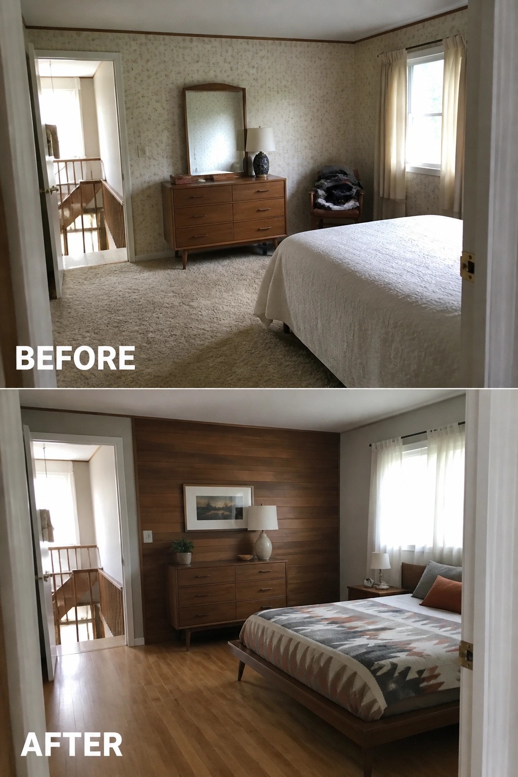 Before-and-after image of a bedroom where carpet and dated wallpaper were replaced with hardwood floors and a horizontal wood plank feature wall, plus updated bed and dresser.
