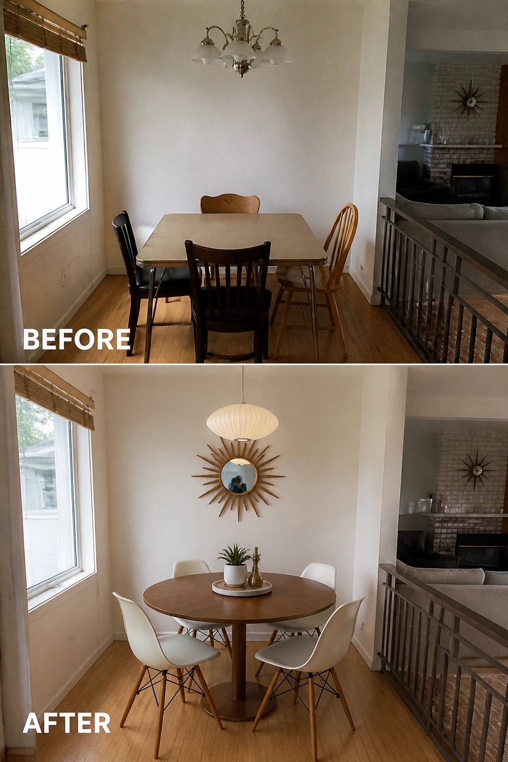 Before-and-after image of a small dining nook where a mismatched rectangular table and chairs were replaced with a round wood table, matching chairs, a pendant light, and a sunburst mirror.