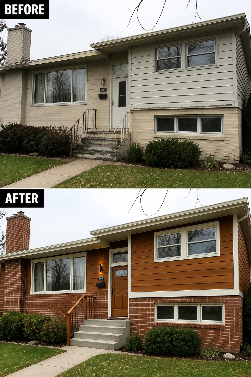 Before-and-after image of a split-level house updated from plain beige siding to a layered exterior with brick at the base, warm horizontal siding above, and a new wood-tone front door.