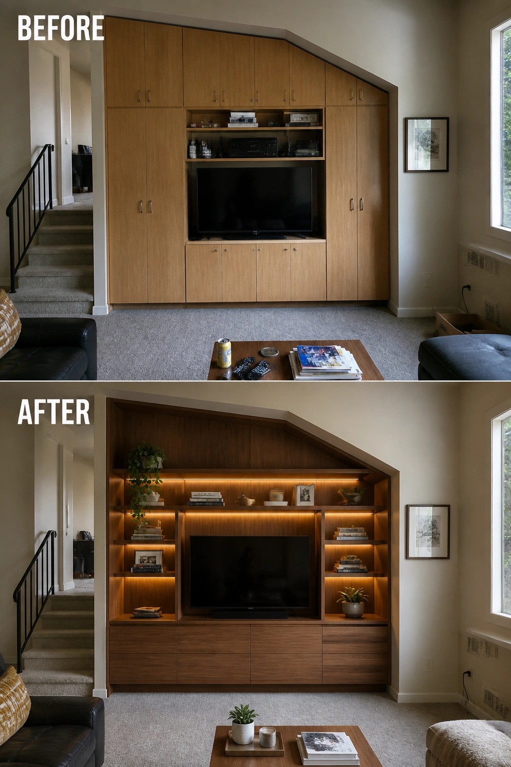 Before-and-after image of a living room wall where closed light wood cabinetry was replaced by darker open shelving with integrated lighting and lower drawers.