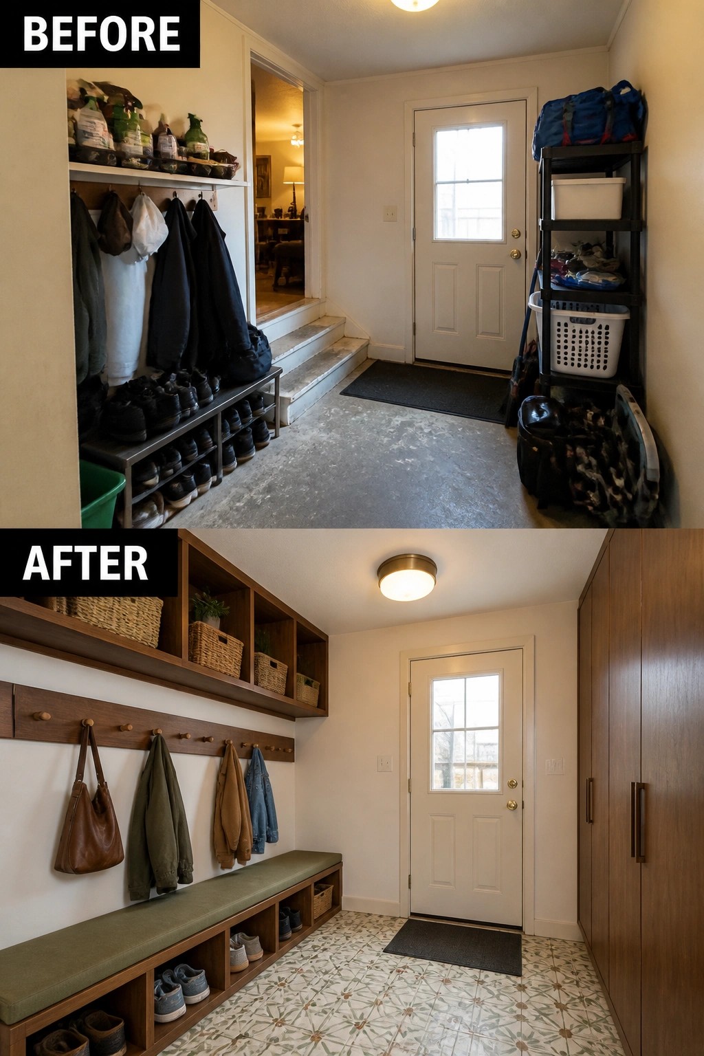 Before-and-after image of a cluttered entryway remodeled into a tidy mudroom with a built-in bench, shoe cubbies, overhead storage, and tall cabinets.