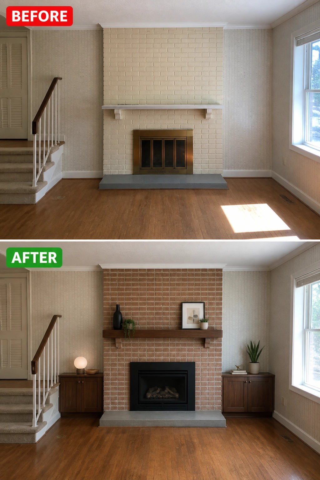 Before-and-after image of a living room showing a painted pale brick fireplace updated to warmer exposed brick with a wooden mantel and a dark fireplace insert.