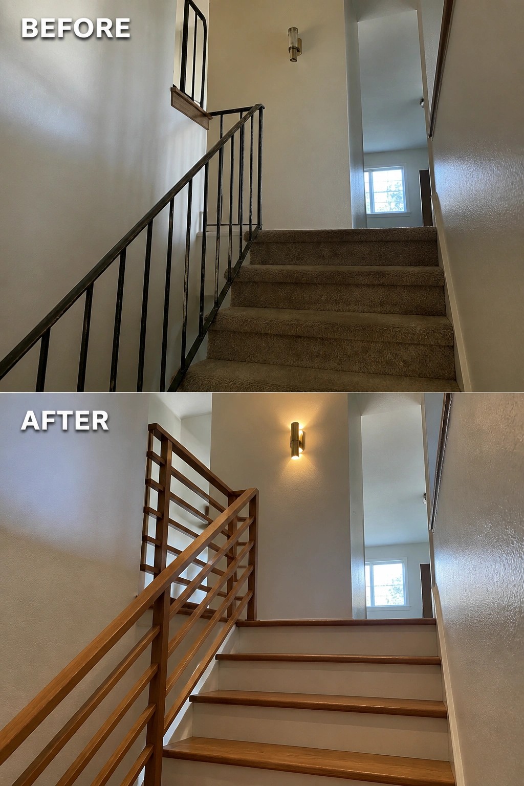 Before-and-after image of a split-level staircase where a dated metal railing and carpeted steps were replaced with a horizontal wooden railing and wood stair treads.