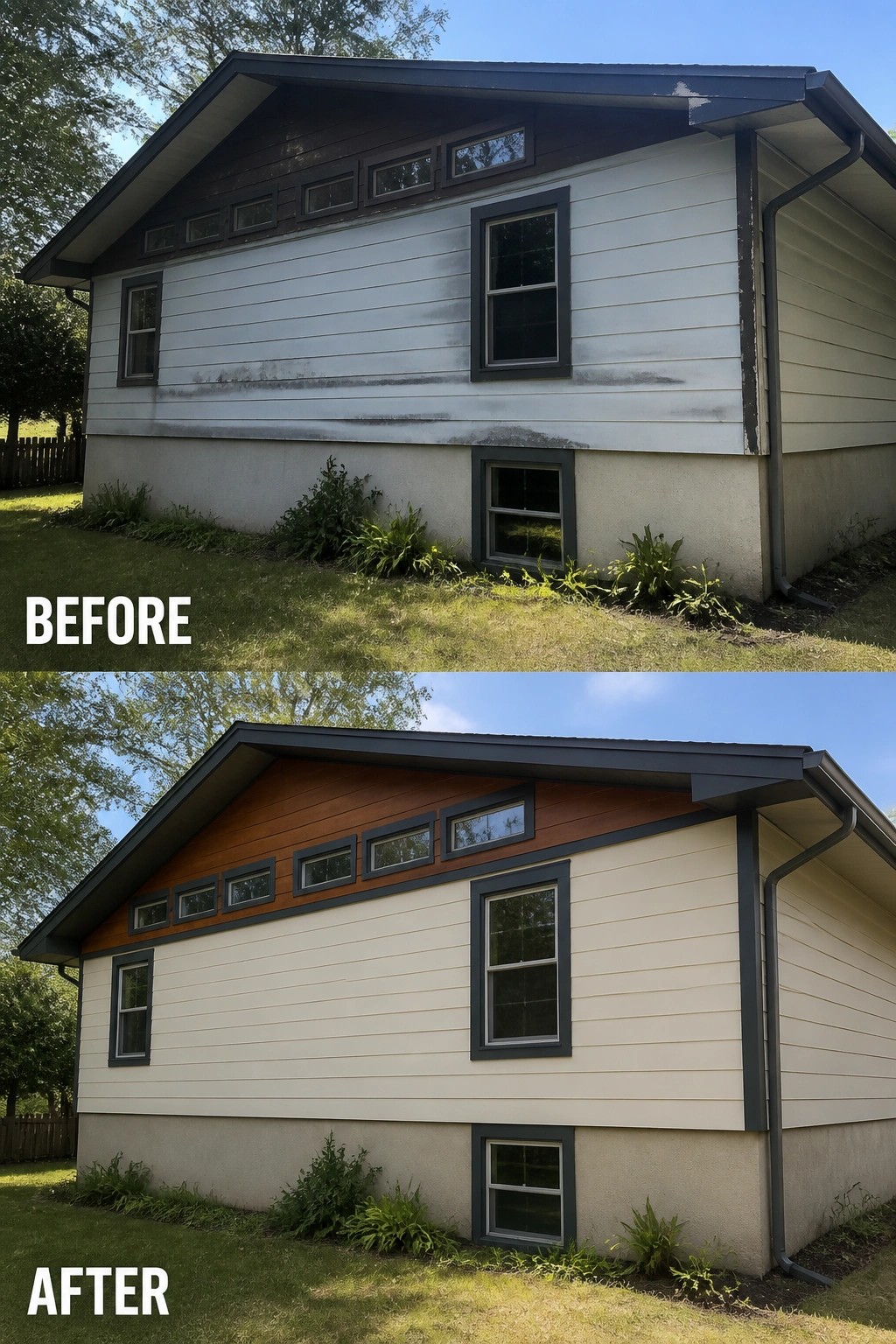 Before-and-after image of a split-level house exterior showing faded white siding and dark trim updated to clean cream siding with a stained wood gable and fresh dark trim.