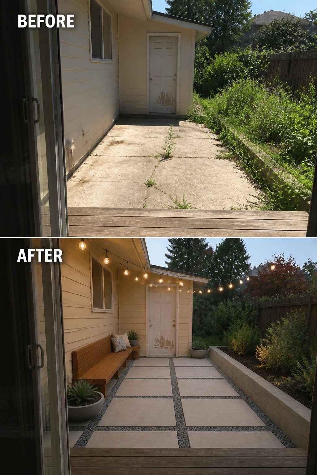 Before-and-after image of a bare concrete patio changed into a tiled-looking outdoor seating area with square pavers set in gravel, a wooden bench, planters, and string lights.
