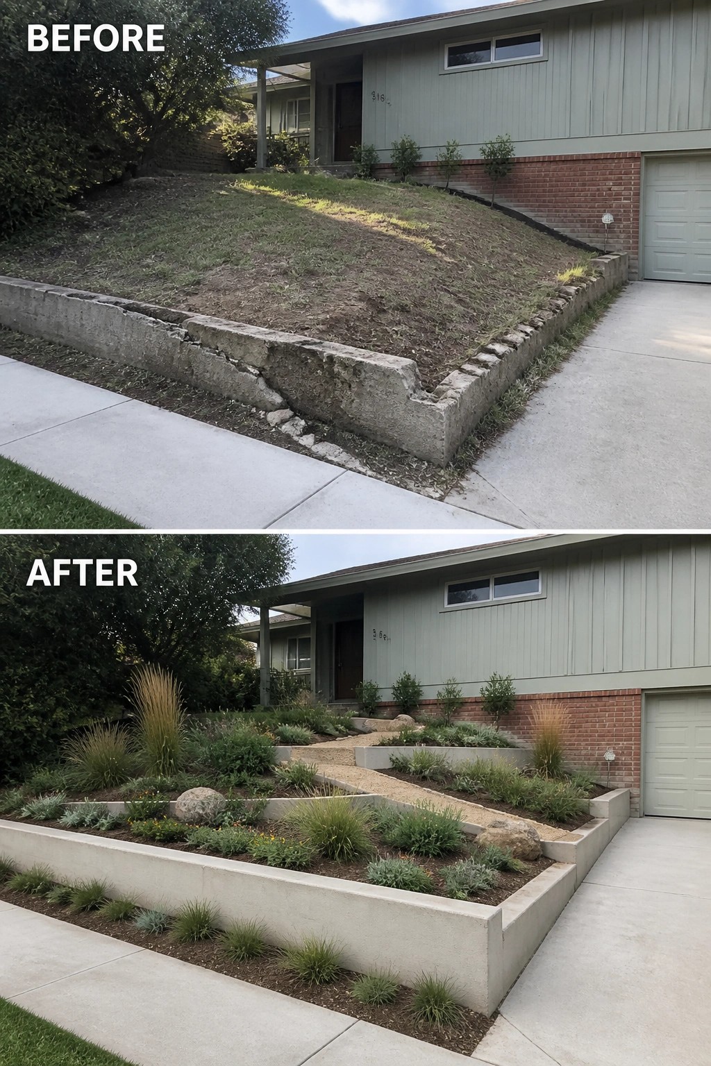 Before-and-after image of a bare front slope changed into tiered stucco garden beds with a central gravel path and drought-tolerant plantings.