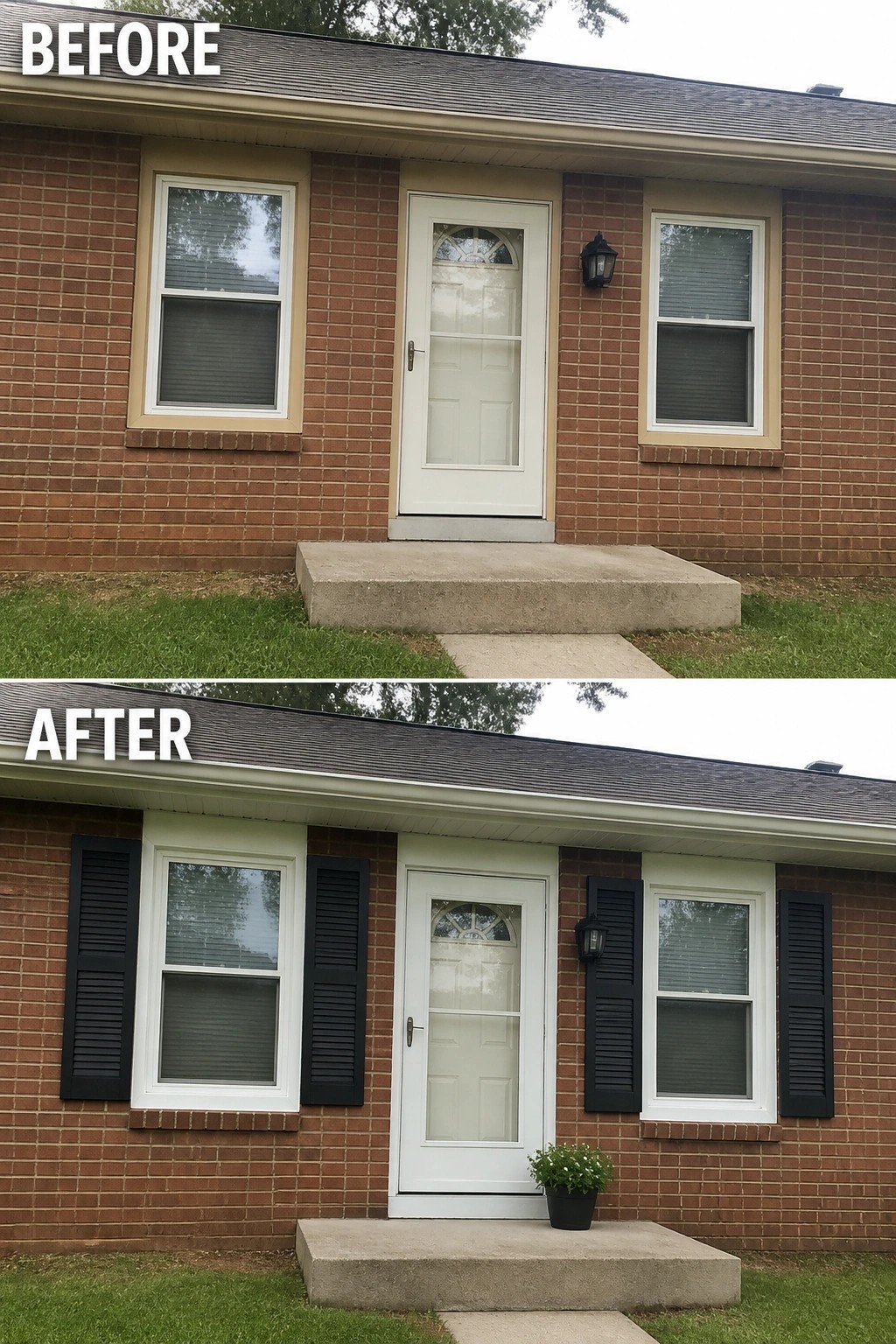 Before-and-after image of a plain brick house front updated by adding dark window shutters and a small potted plant at the entry.
