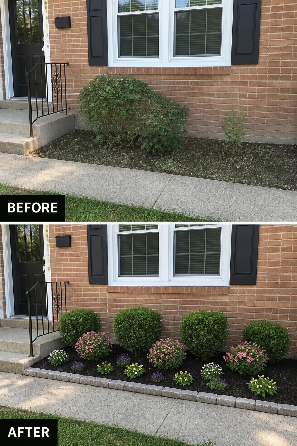 Before-and-after image of a brick house front bed cleared and upgraded with a paver edge, trimmed round shrubs, mulch, and added flowering plants.