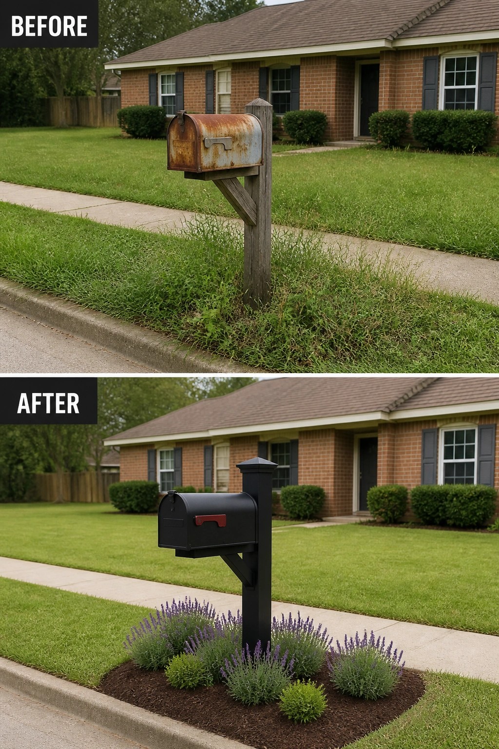 Before-and-after image of an overgrown yard with a rusty mailbox updated to a neat black mailbox surrounded by a small mulched planting bed with lavender and boxwood.