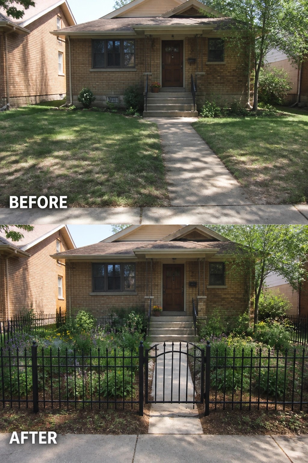 Before-and-after image of a plain front lawn changed into defined planted garden beds with a low black fence and a gated path to the front steps.